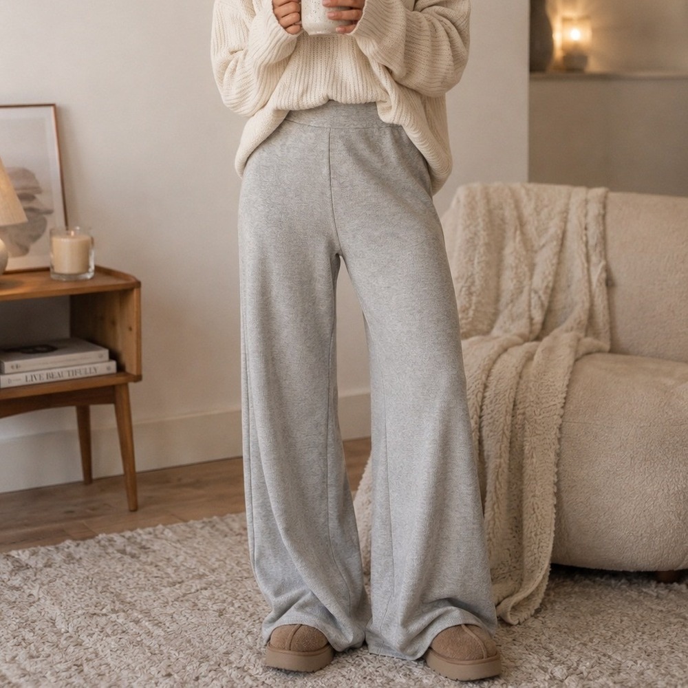 Cyrus Size L Lounge Pants Wide Leg Ribbed Knit Heather Gray C852416TJ Relaxed